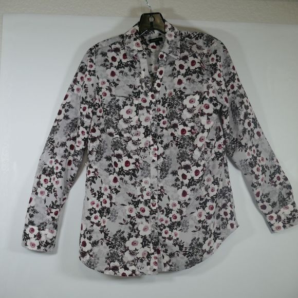 Talbots Long Sleeve Roll-Tab Blouse Gray Floral Full Button Collared Shirt Small - Picture 12 of 12